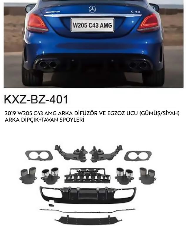 MERCEDES-BENZ 2019 W205 C43 AMG ARKA DİFÜZÖR VE EGZOZ UCU(GÜMÜŞ/SİYAH)